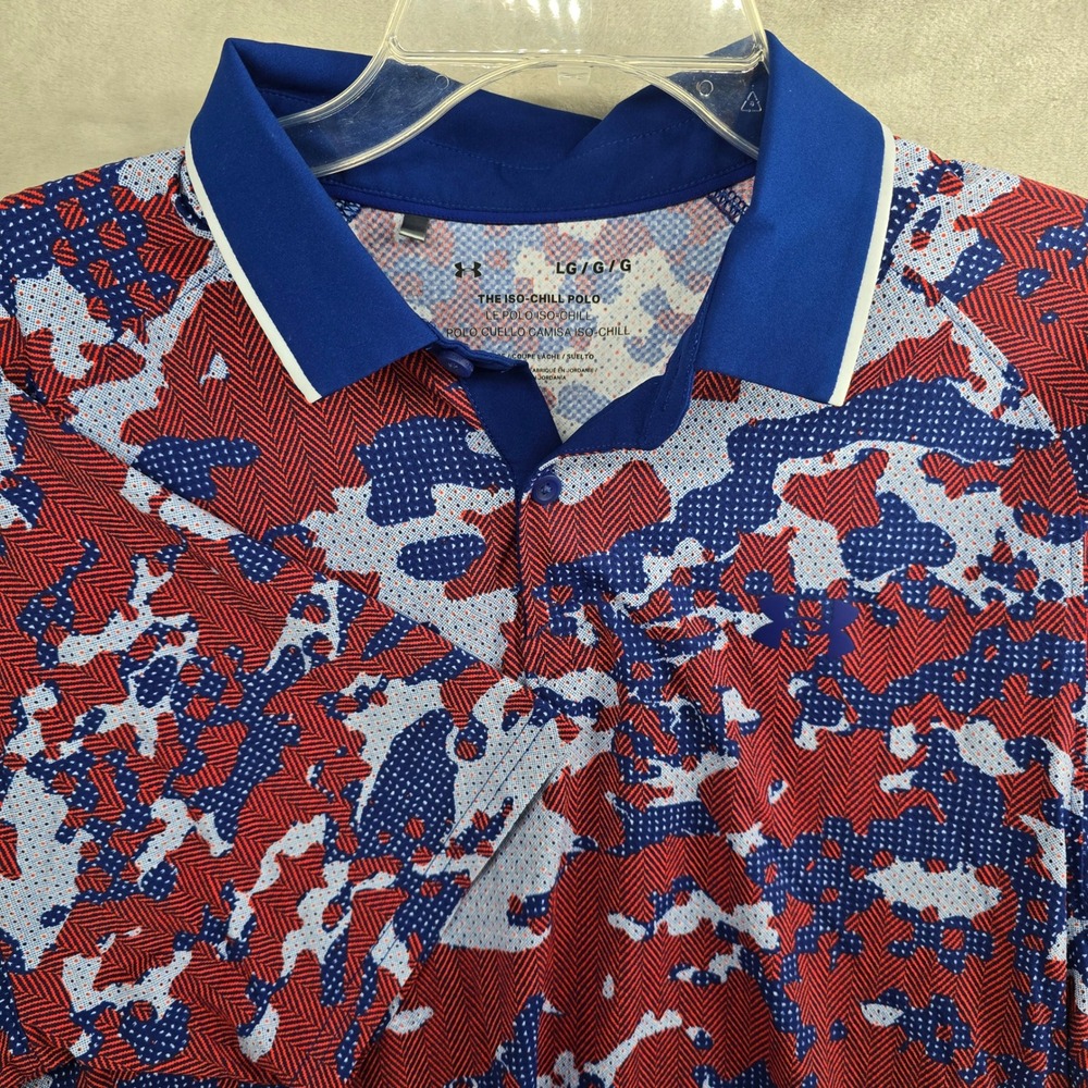 Under Armour Size Large Charged Camo Iso Chill Polo Shirt Red Blue Loose Fit